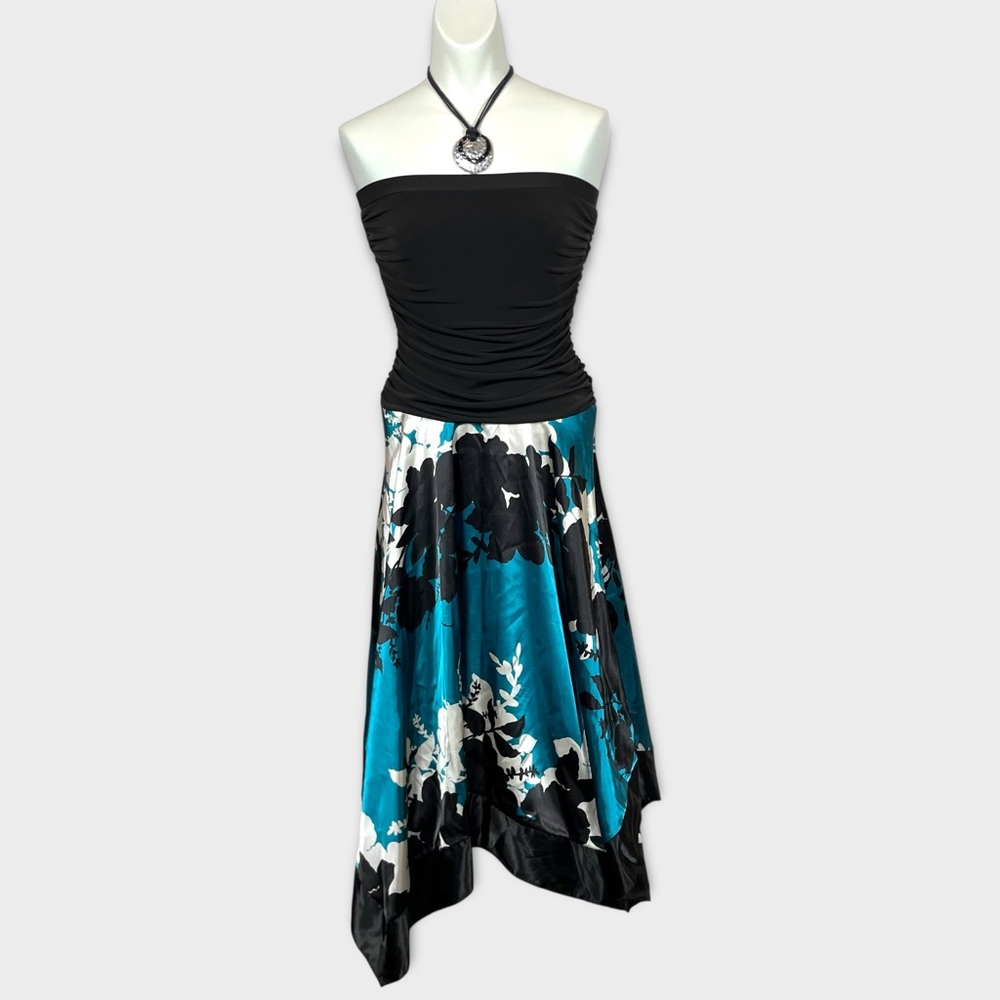 Y2k Studio Y Strapless Floral Asymmetrical Satin Hem Midi Dress Small Boho Fairy